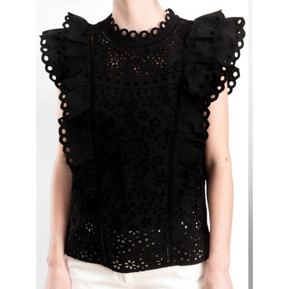 Veronica Beard Black Coquette Eyelet Ruffle Blouse Cotton Scallop Lace Sz 0 NWOT
